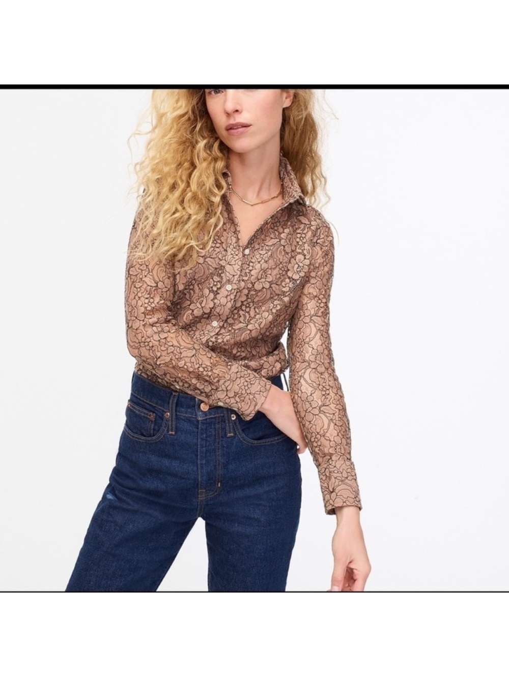 J. Crew Brown Lace-Effect Button-Down Shirt